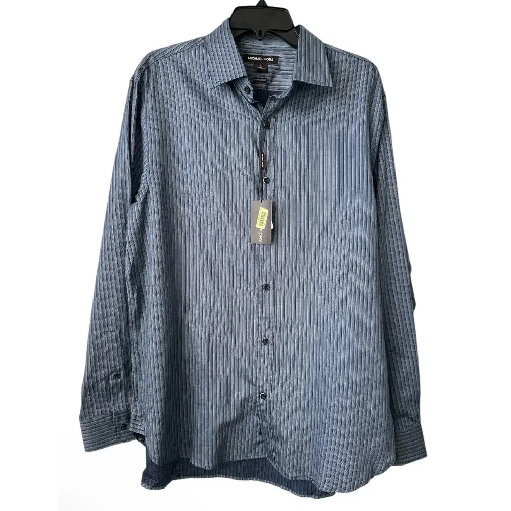 Michael Kors Striped Blue Button Down Shirt Classic Fit Cotton Men's Size Large - Picture 1 of 7